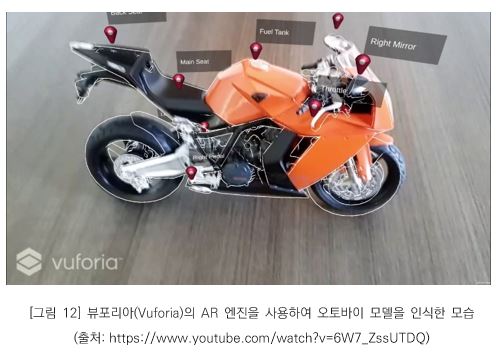 그림 12 - 뷰포리아 (Vuforia)의 AR 엔진을 사용하여 오토바이 모델을 인식한 모습(출처: https://www.youtube.com/watch?v=6W7_ZssUTDQ) _ 오토바이와 그 부분 요소까지 인식하여 보여주고 있는 사진.